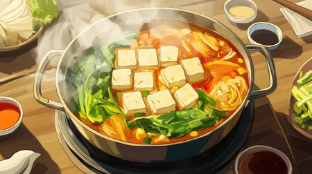 A steaming hot pot with tofu, vegetables, and broth, set in the middle of the table, surrounded by dipping sauces.の素材