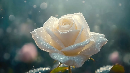 A single white rose with dew drops resting gently on its soft petals, set against a blurred garden background.の素材