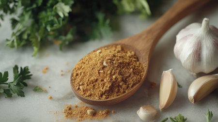 A wooden spoon filled with aromatic curry powder, surrounded by fresh herbs, garlic, and onions.の素材