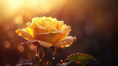 A vibrant yellow rose with morning dew drops resting delicately on its petals, illuminated by the warm light of dawn.の素材