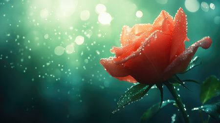 A soft-focus shot of a red rose with sparkling water droplets, with a gentle green backdrop.の素材