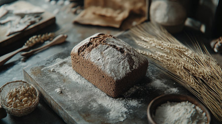 A whole loaf of rye bread sitting on a rustic kitchen countertop, surrounded by wheat stalks and flour.の素材
