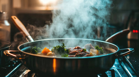 A vibrant hot pot on the stove, with steam rising and ingredients like sliced beef and herbs boiling in flavorful broth.の素材