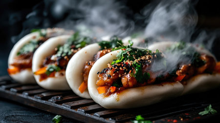 A close-up shot of steaming hot bao buns filled with savory pork, with a hint of steam rising, highlighting the fluffy texture and mouthwatering filling.の素材