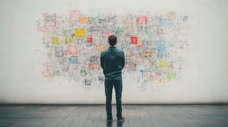 A person standing in front of a wall with a mind map, using markers to connect different concepts, emphasizing strategic thinking and idea organization.の素材