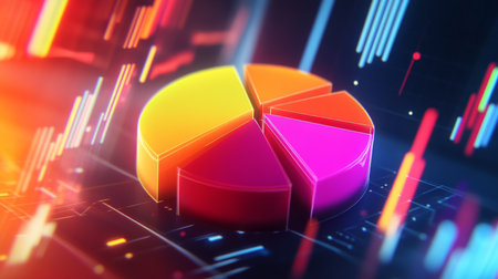 This vibrant pie chart showcases a colorful design set against a digital background, perfect for illustrating data analytics and business performance.の素材