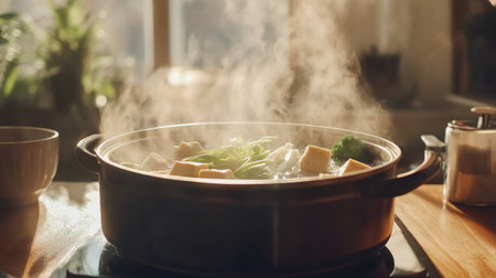 A hot pot filled with delicious broth, tofu, and fresh vegetables, with steam rising from the pot on a wooden table.の素材