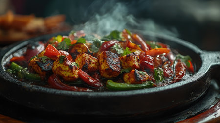 A close-up of hot, sizzling paneer tikka served on a hot plate with grilled vegetables and mint chutney.の素材