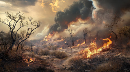 A striking image of a wildfire raging across a dry, barren landscape. Smoke billows into the sky as flames consume the underbrush, showcasing nature's destructive power during a dry season.の素材