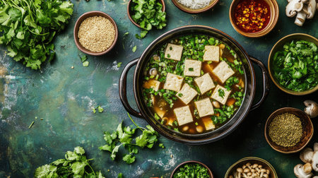 A flavorful hot pot with boiling broth, tofu, and mushrooms, surrounded by fresh dipping sauces and herbs.の素材