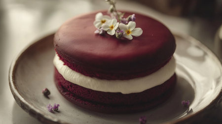A captivating red velvet cake showcasing rich color and cream cheese frosting, elegantly garnished with delicate flowers, perfect for celebrations.の素材