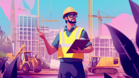 A construction manager in a safety vest and helmet oversees a building project. The vibrant background features cranes and machinery, highlighting urban development and teamwork.の素材
