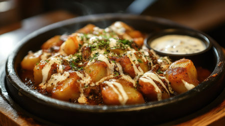 A hot, sizzling plate of samosas filled with spiced potatoes, served with tamarind chutney and yogurt dip.の素材