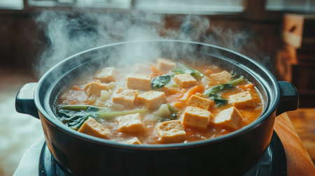 A hot pot filled with delicious broth, tofu, and fresh vegetables, with steam rising from the pot on a wooden table.の素材