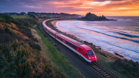 Experience a breathtaking coastal journey as a train winds along a tranquil beach, set against a stunning sunset and vibrant ocean hues.の素材
