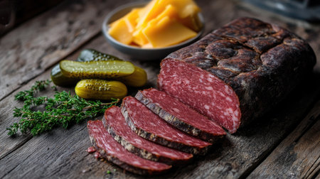 A loaf of dark pumpernickel bread, cut into slices with a side of pickles and cheese, placed on a wooden table.の素材
