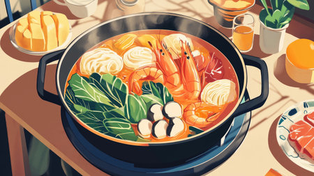 A hot pot with colorful ingredients like shrimp, mushrooms, and leafy greens, bubbling in a rich broth at a family dinner.の素材