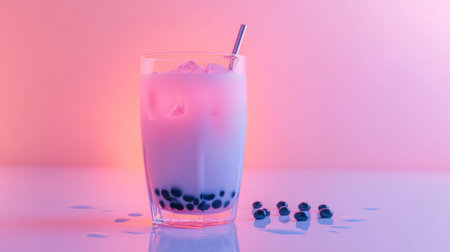 A vibrant pink drink served in a clear glass with ice and boba pearls, illuminated with soft pastel lighting. Perfect for refreshing moments.の素材