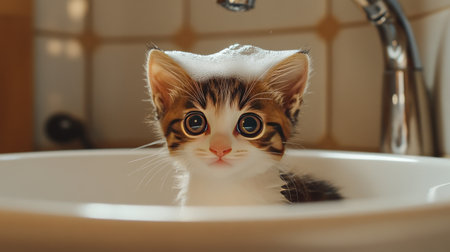 A kitten being bathed gently, with soap bubbles on its head, in a small white sink.の素材