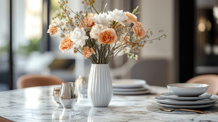 A marble dining table in a contemporary dining room, featuring a vase with fresh flowers and a chic table setting.の素材