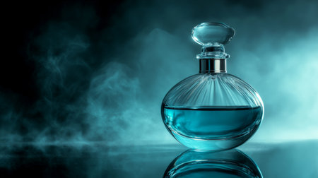 A stunning glass perfume bottle filled with blue liquid rests against a mystical backdrop of soft mist. The elegant design emphasizes beauty and sophistication.の素材