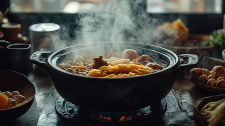 A rich and fragrant hot pot with steam rising from it, surrounded by ingredients like noodles, meat, and mushrooms.の素材