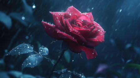 A rose with delicate, translucent water droplets on each petal, emphasizing the beauty of nature after rainfall.の素材