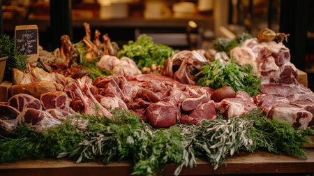 A variety of fresh game meats, such as venison and wild boar, laid out on a butcher's table with greenery.の素材