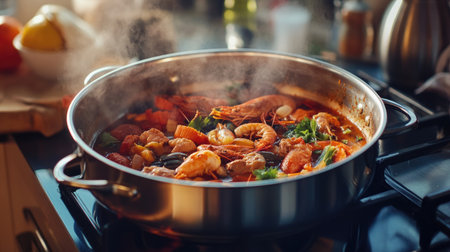 A simmering hot pot on the stove, filled with meat, seafood, and vegetables, ready for a delicious meal with friends.の素材