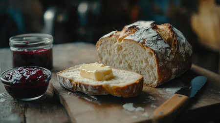 A sliced loaf of homemade white bread, with the soft interior shown next to a spread of butter and jam.の素材