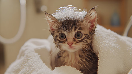 A wet kitten with bubbles on its head, drying off in a towel after a fun bath time.の素材