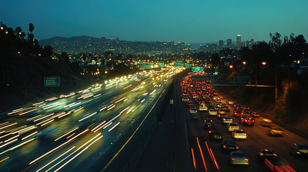 A wide-angle shot of a busy highway at night, with car headlights and tail lights creating streaks of light.の素材