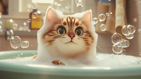 A playful cat getting a bubble bath, with soap bubbles sticking to its fur and head in a small bath tub.の素材
