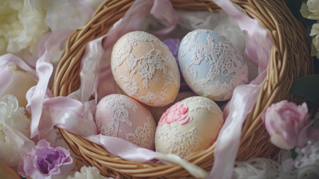 Close-up of beautifully decorated Easter eggs in a wicker basket, surrounded by pastel ribbons and spring flowers.の素材