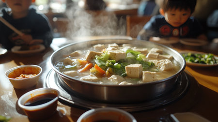 A steaming hot pot with tofu, vegetables, and broth, set in the middle of the table, surrounded by dipping sauces.の素材