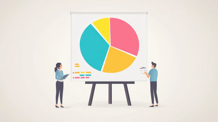 A vibrant pie chart on a whiteboard, with a professional explaining its significance to a small audience.の素材