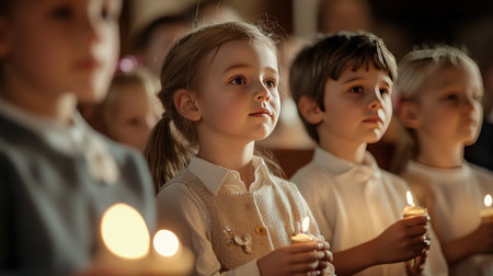Children participating in an Easter service, holding small candles and listening attentively to a sermon about Jesus' resurrection.の素材