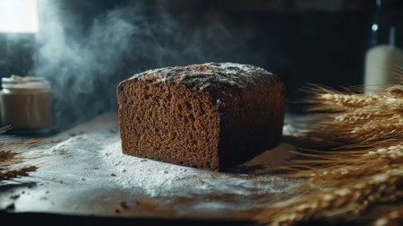 A whole loaf of rye bread sitting on a rustic kitchen countertop, surrounded by wheat stalks and flour.の素材