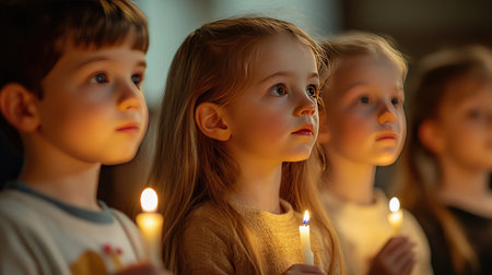 Children participating in an Easter service, holding small candles and listening attentively to a sermon about Jesus' resurrection.の素材