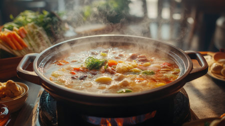 A steaming hot pot filled with delicious soup, with fresh ingredients like vegetables and meat floating, set on a dining table.の素材