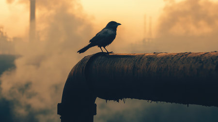 A close-up of a bird perched on a smoky industrial pipe, highlighting the impact of air pollution on wildlife.の素材