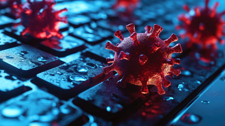 A close-up of a computer virus alert popping up on a screen, representing the growing concern of malware and electronic crime.の素材