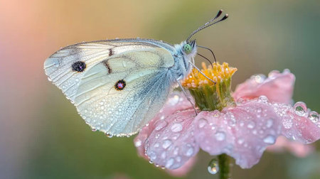 A close-up of a butterfly landing on a pink flower, with droplets of dew resting on the petals in the early morning.の素材