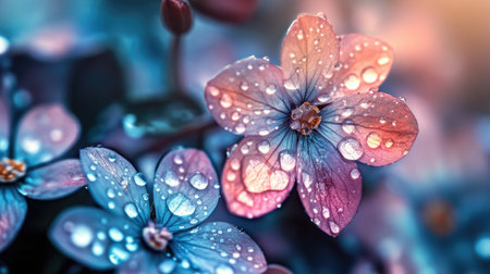 A beautiful mix of flowers with water droplets creating a fresh and peaceful atmosphere in the garden.の素材