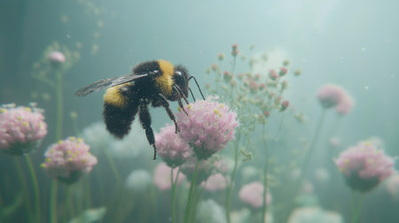 A bee on a wildflower, with pollen grains visible on its body as it busily works in the peaceful garden.の素材