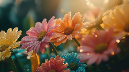 A close-up of vibrant flowers in a blooming garden, with water droplets glistening on the petals under soft morning light.の素材