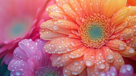 A close-up of vibrant flowers in a blooming garden, with water droplets glistening on the petals under soft morning light.の素材