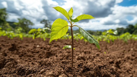 A close-up of a sapling growing in rich soil, with small leaves emerging from the stem under a bright sky.の素材