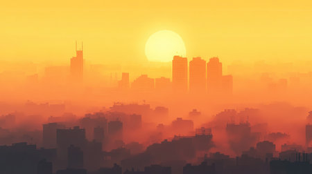 A city skyline shrouded in thick smog during sunrise, illustrating severe air pollution.の素材