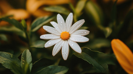 A close-up of a white daisy in a flower garden, adorned with tiny drops of dew that reflect the sunlight.の素材